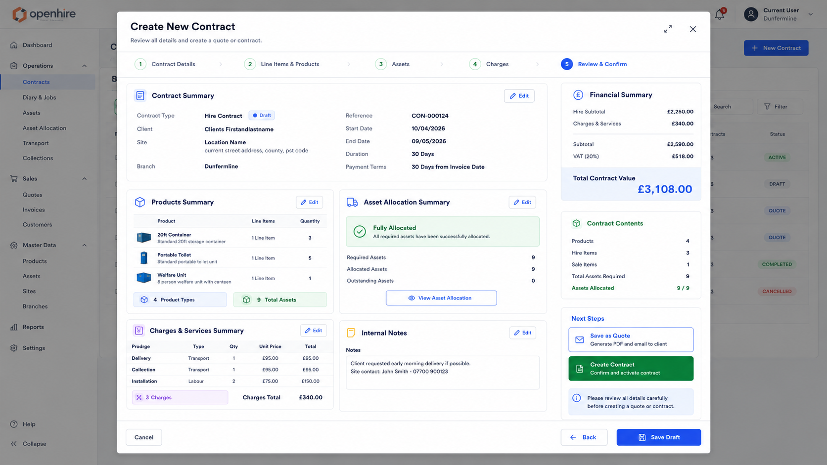 OpenHire platform — contract management screen